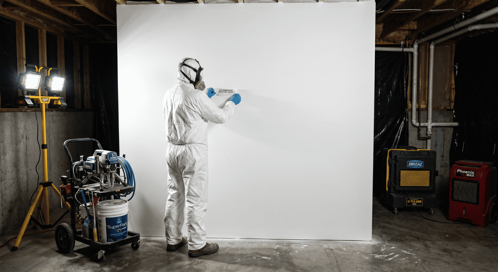 Black mold remediation Fort Worth — Stachybotrys growth on water-damaged drywall under elevated containment