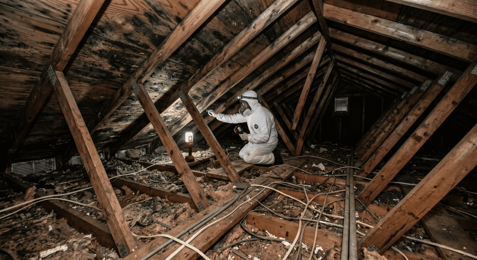 Mold on floor joists in a pier-and-beam crawl space beneath an East Fort Worth home