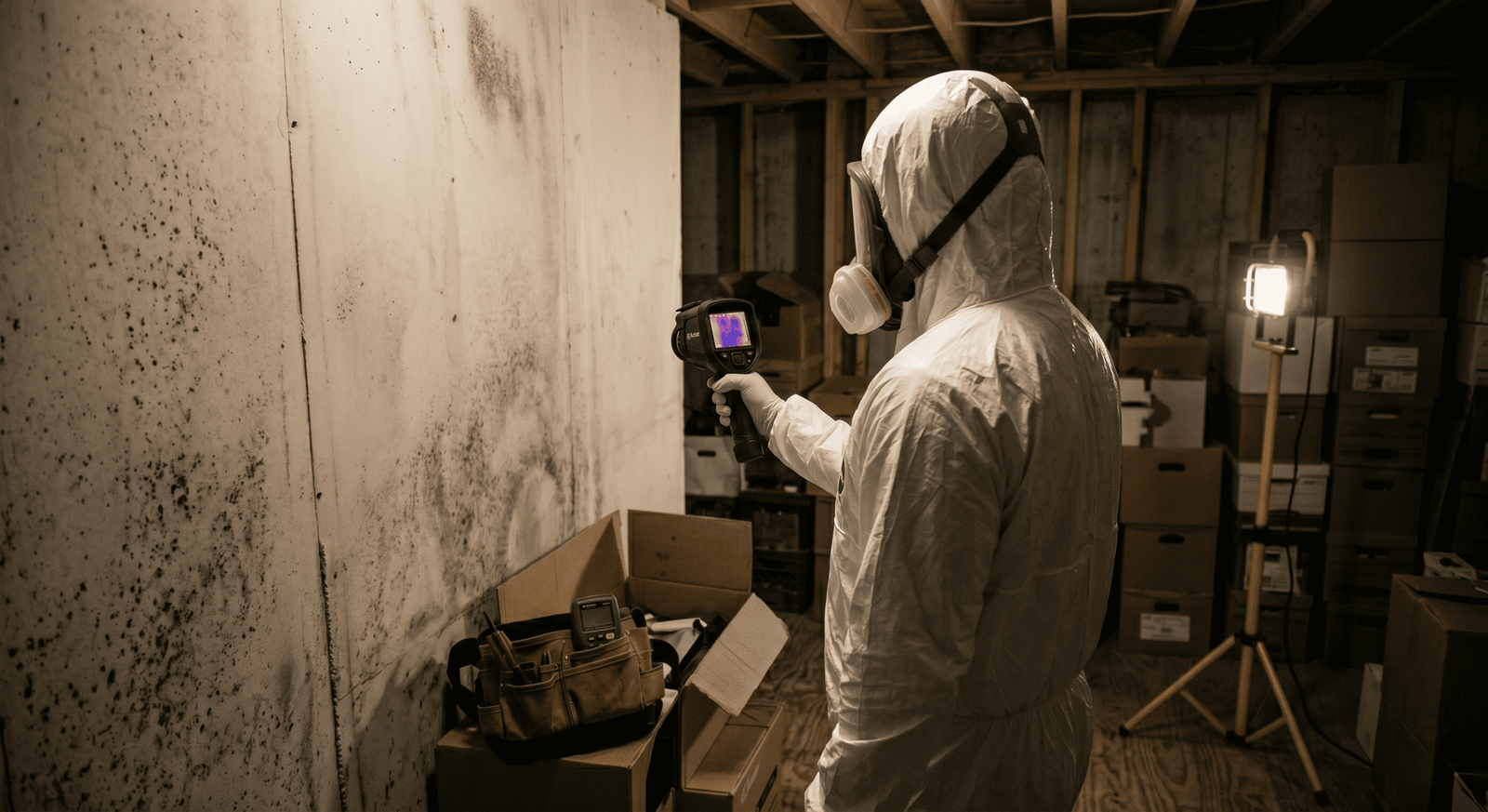 Technician in PPE running negative air and HEPA filtration during mold remediation Fort Worth TX project